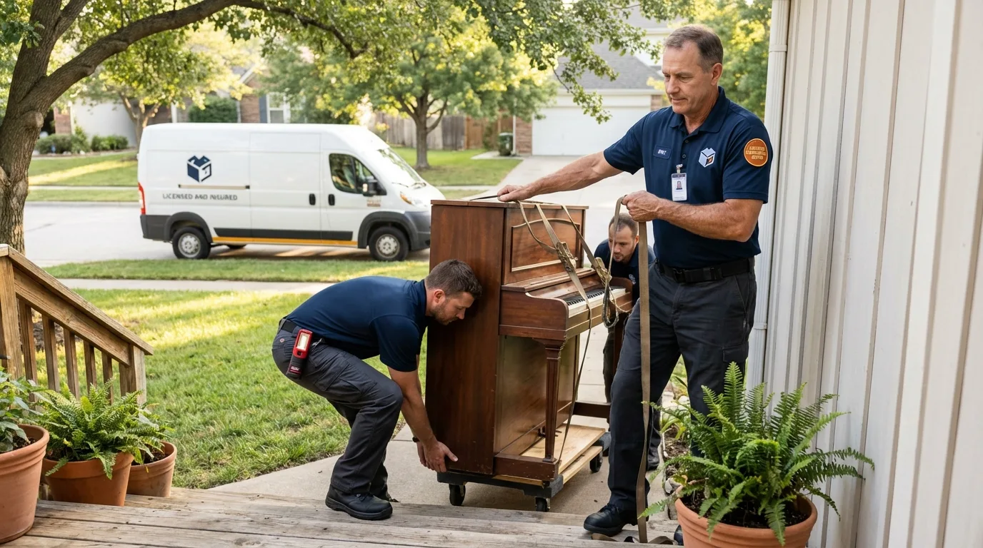 Licensed piano movers securing grand piano in Hyde, PA