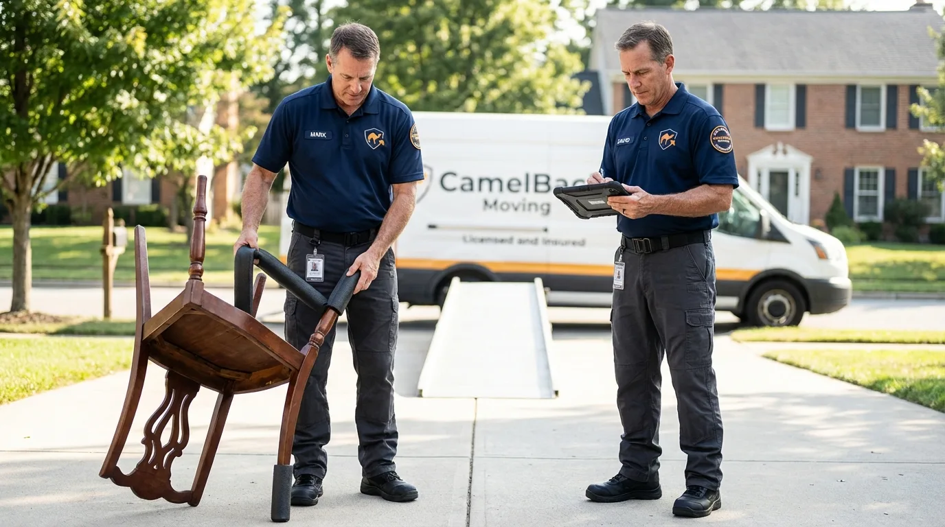 Movers inspecting furniture for damage prevention before loading in Hyde, PA